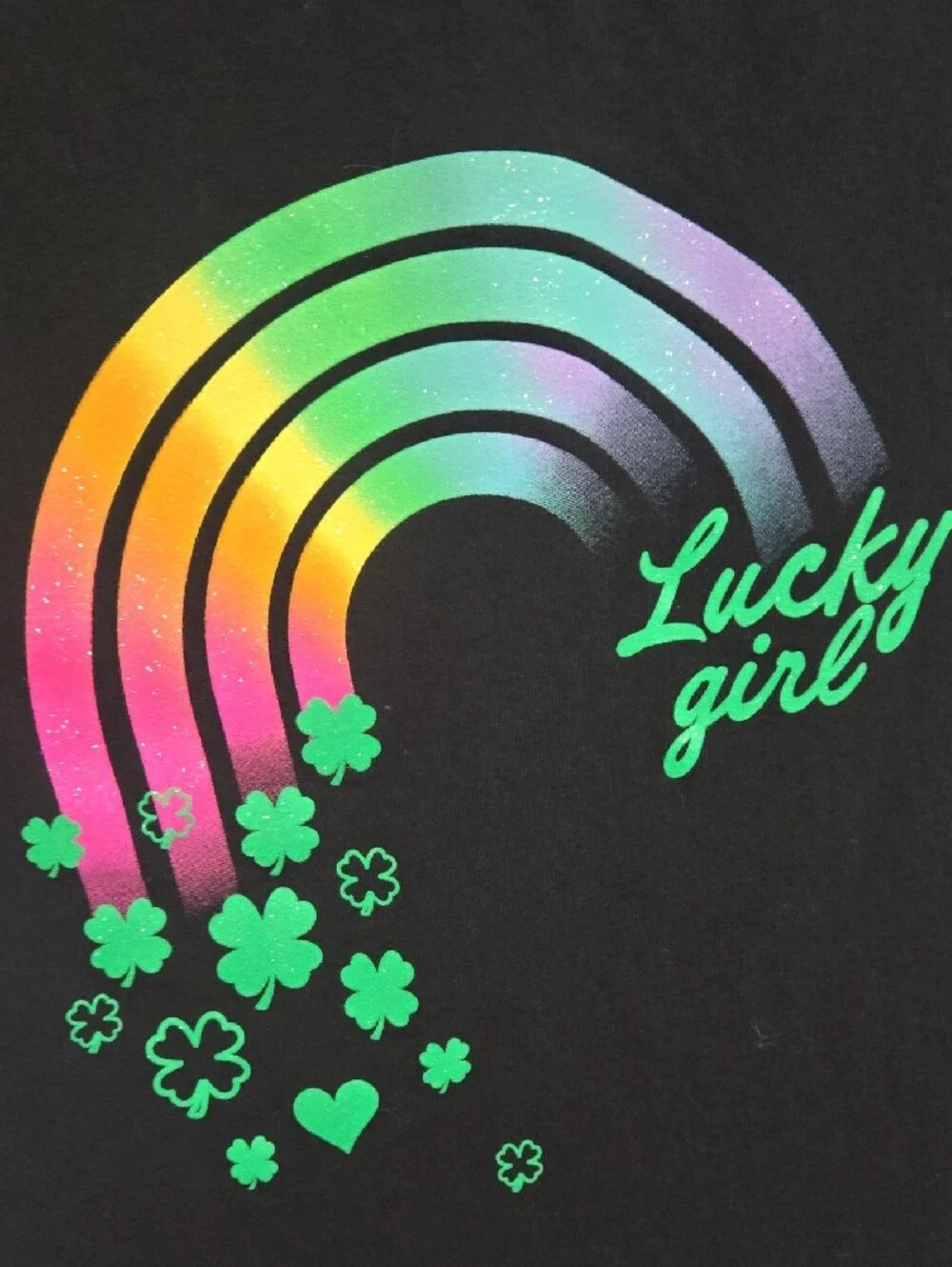 Lucky Girl Black Kids Tee with Rainbow & Green Shamrock Graphic